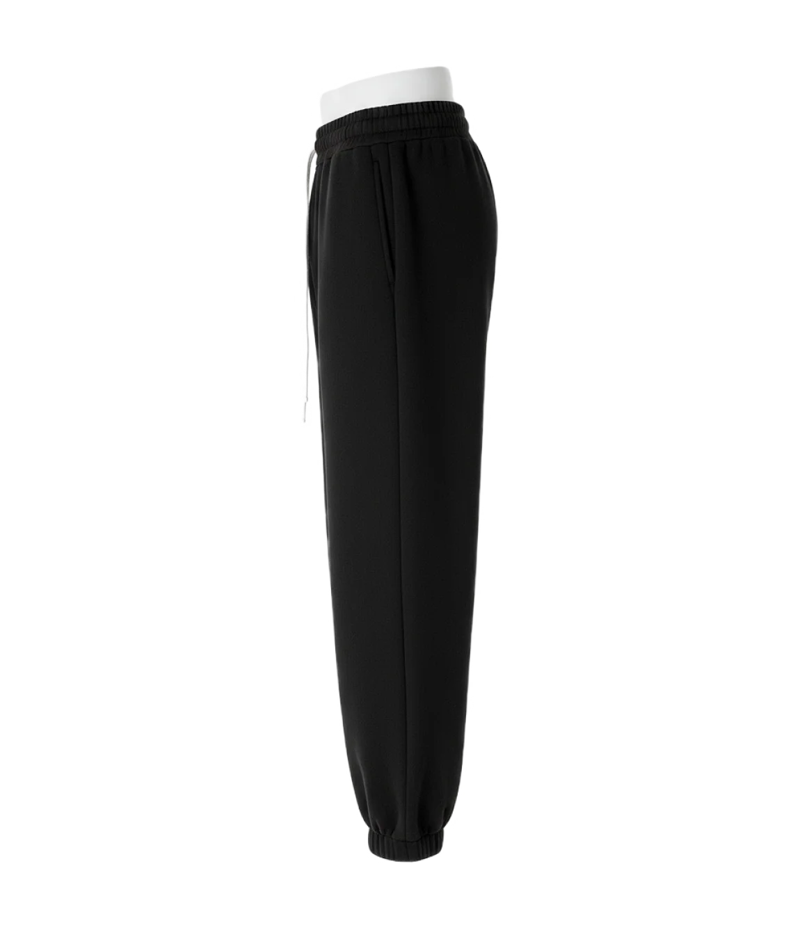 Black pants with a white waistband on a white background