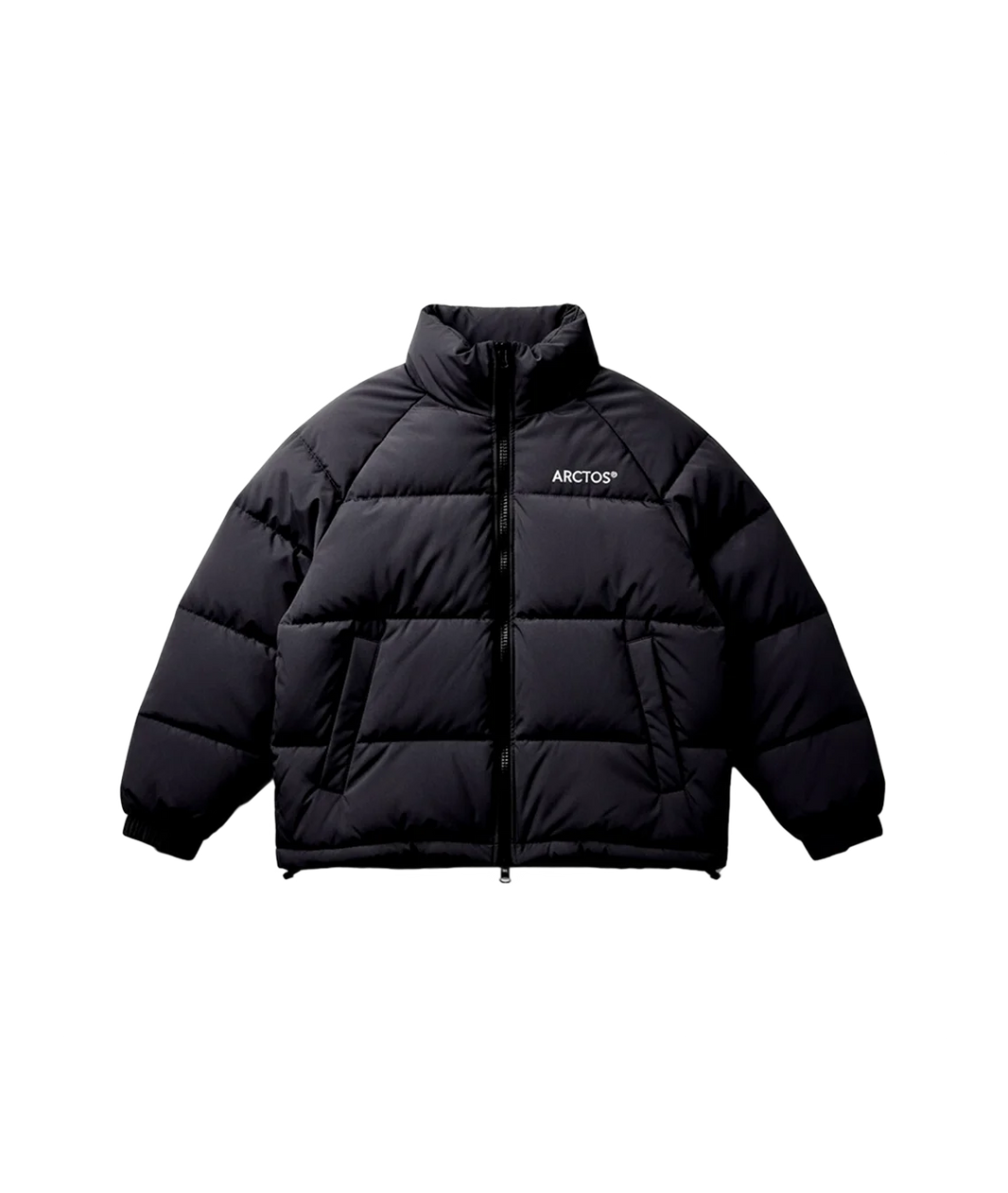 Black puffer jacket with brand logo on a white background