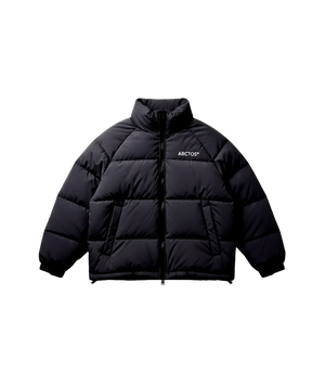 Black puffer jacket with brand logo on a white background