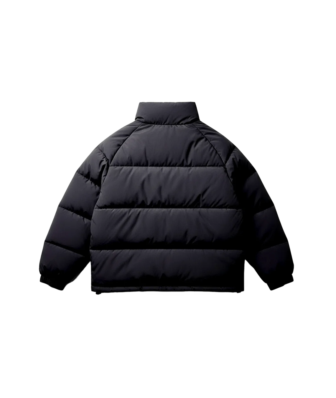 Black puffer jacket on a white background