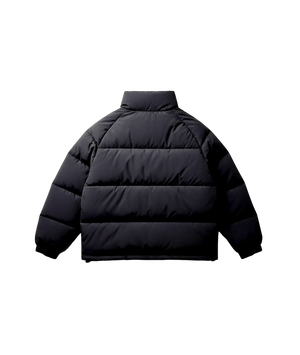 Black puffer jacket on a white background