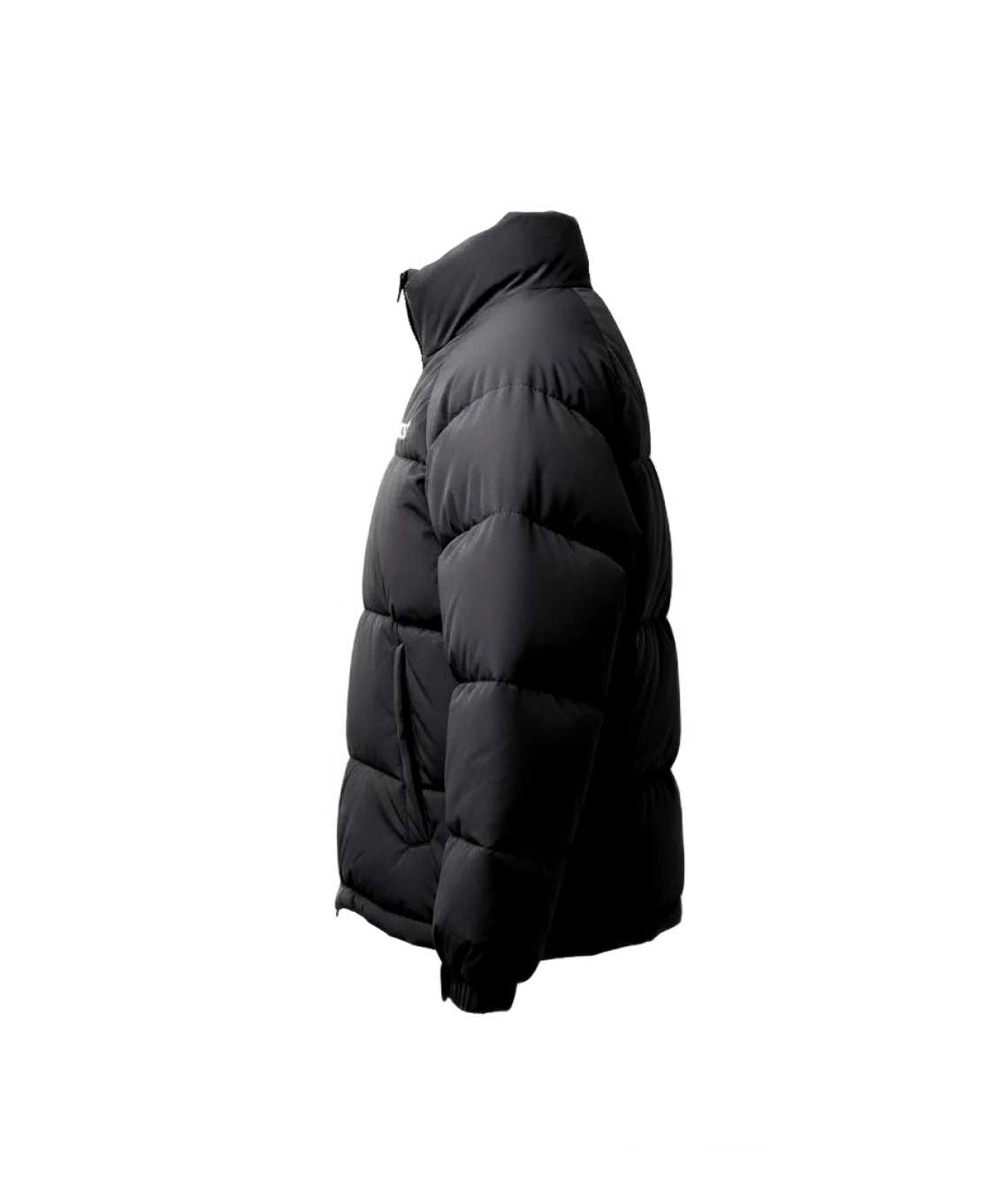 Black puffer jacket on a white background