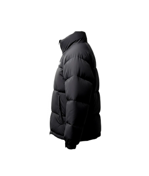 Black puffer jacket on a white background