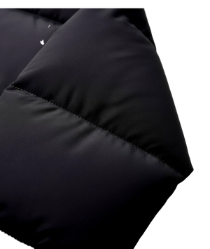 Close-up of a black puffer jacket with quilted design