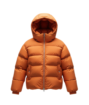 Orange puffer jacket with a hood on a white background