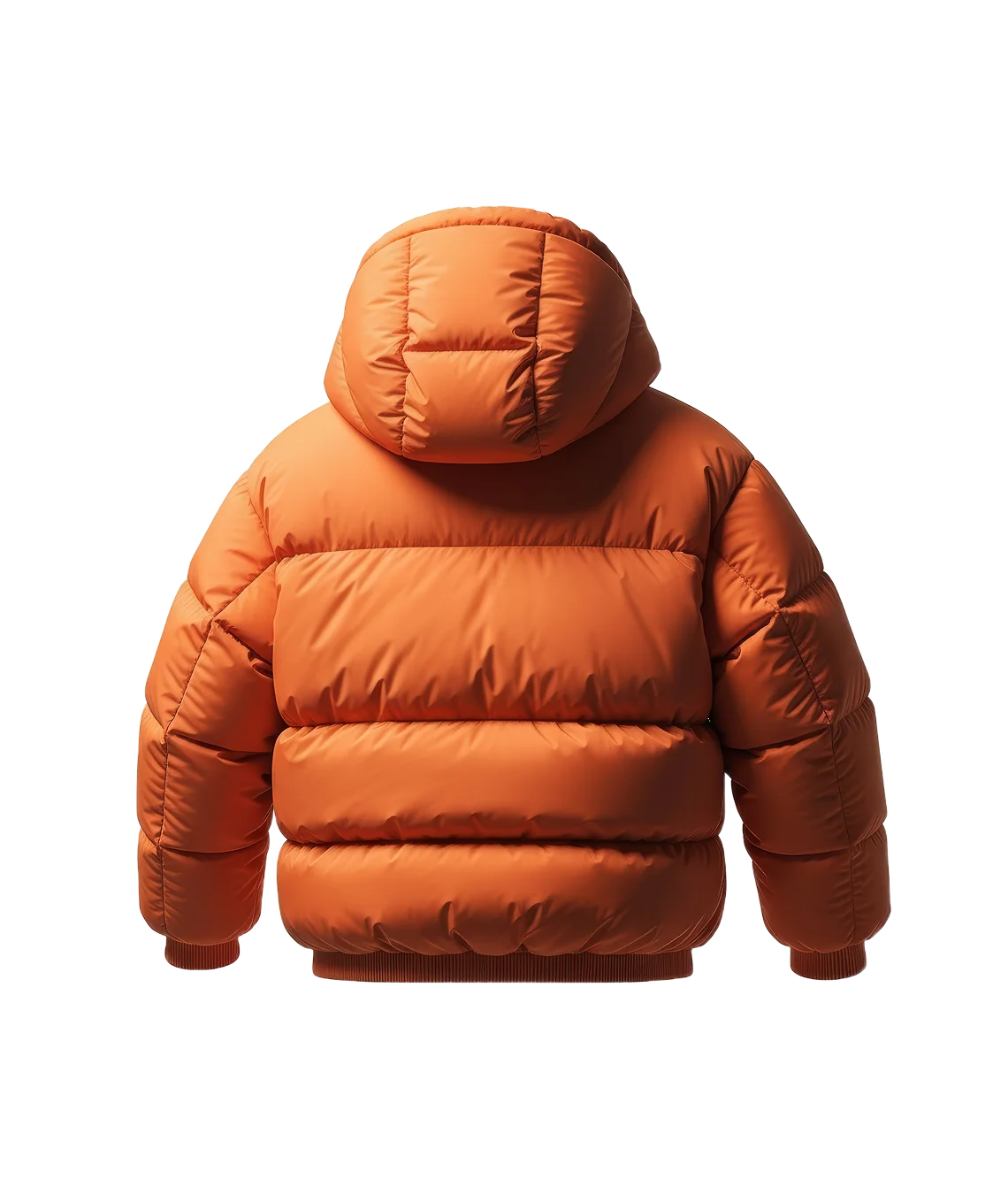 Orange puffer jacket on a white background