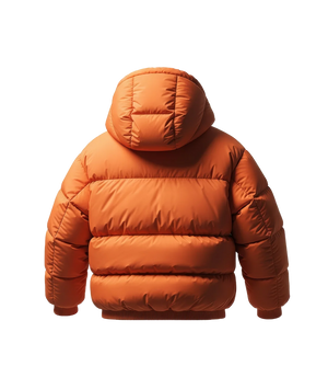 Orange puffer jacket on a white background