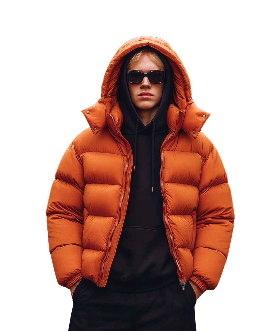 Person wearing an orange puffer jacket with a hood on a white background