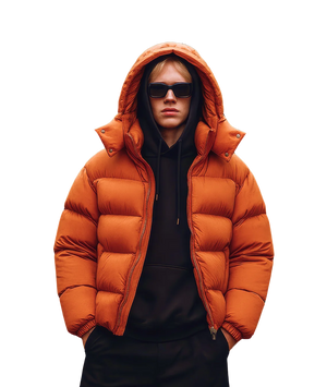 Person wearing an orange puffer jacket with a hood on a white background