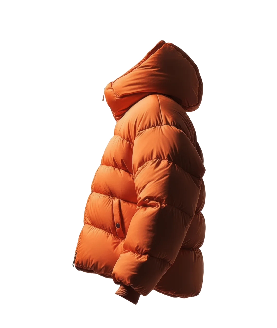 Orange puffer jacket with a hood on a white background