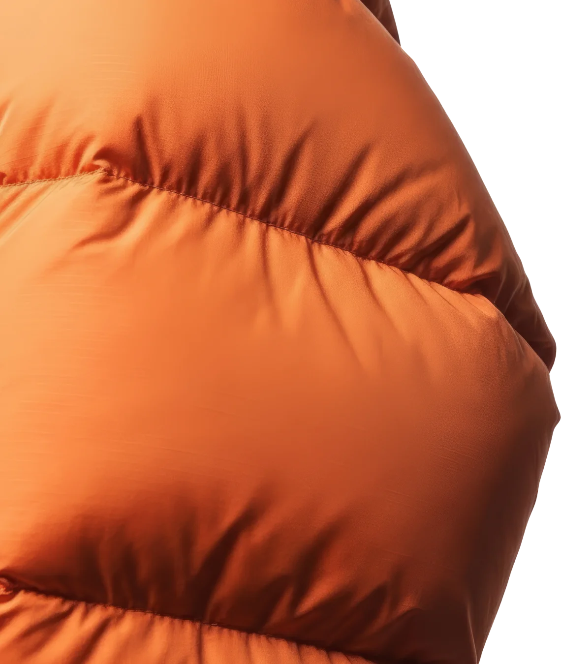 Close-up of an orange puffer jacket on a white background