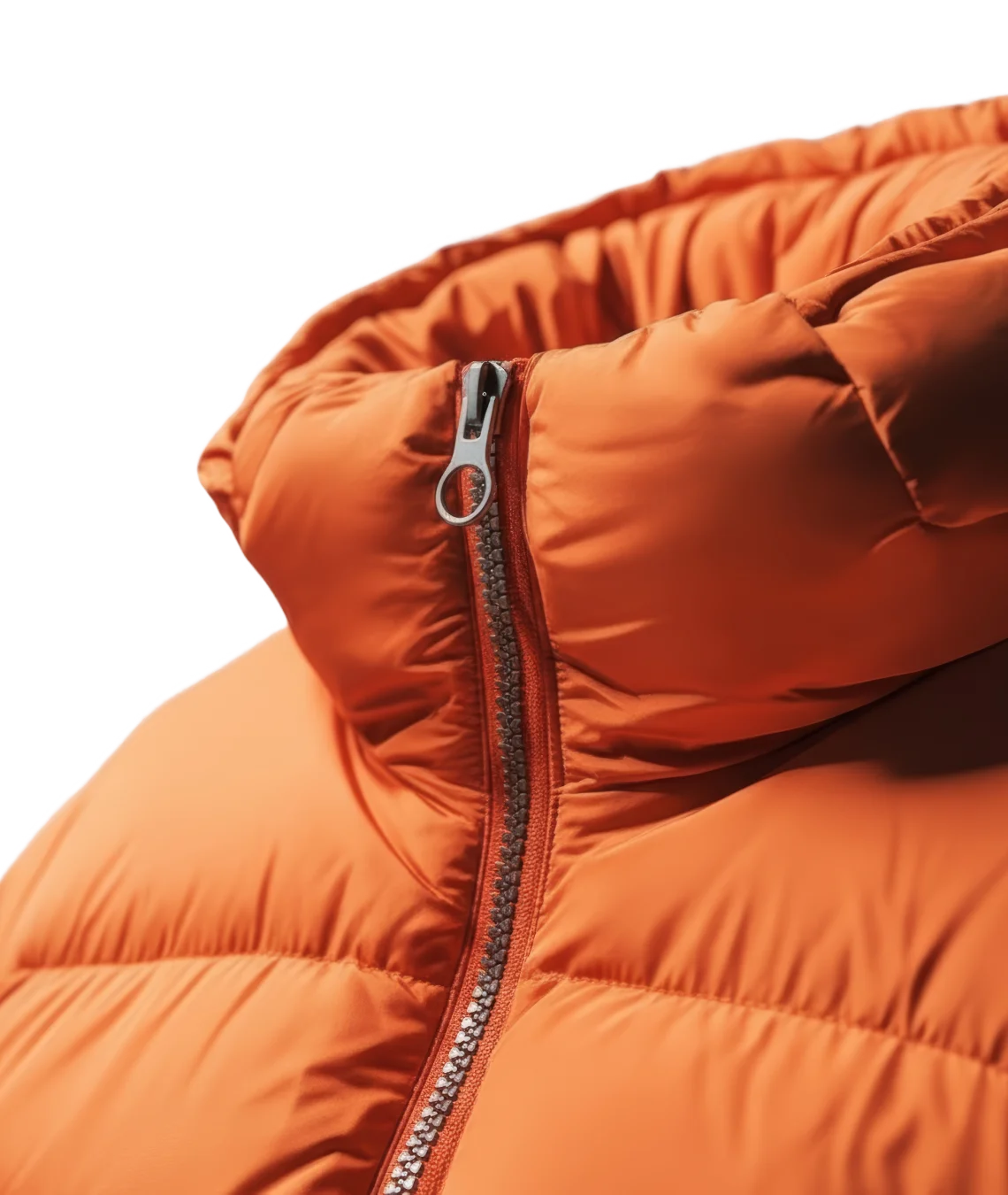 Close-up of an orange puffer jacket with a zipper on a white background