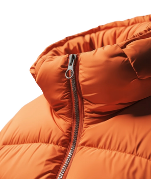 Close-up of an orange puffer jacket with a zipper on a white background