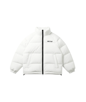 White puffer jacket with black zipper and 'ARCTICOS' branding on a white background