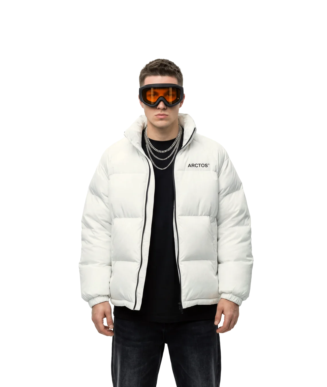 Person wearing a white puffer jacket with 'Arctix' branding on a white background