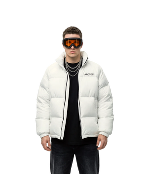 Person wearing a white puffer jacket with 'Arctix' branding on a white background