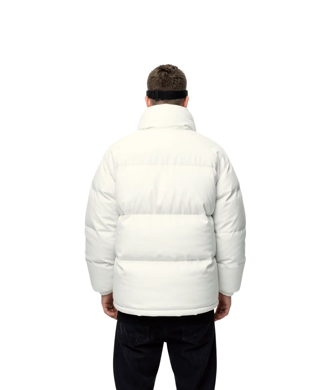 Person wearing a white puffer jacket on a white background