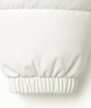 White puffer jacket with a hood on a white background
