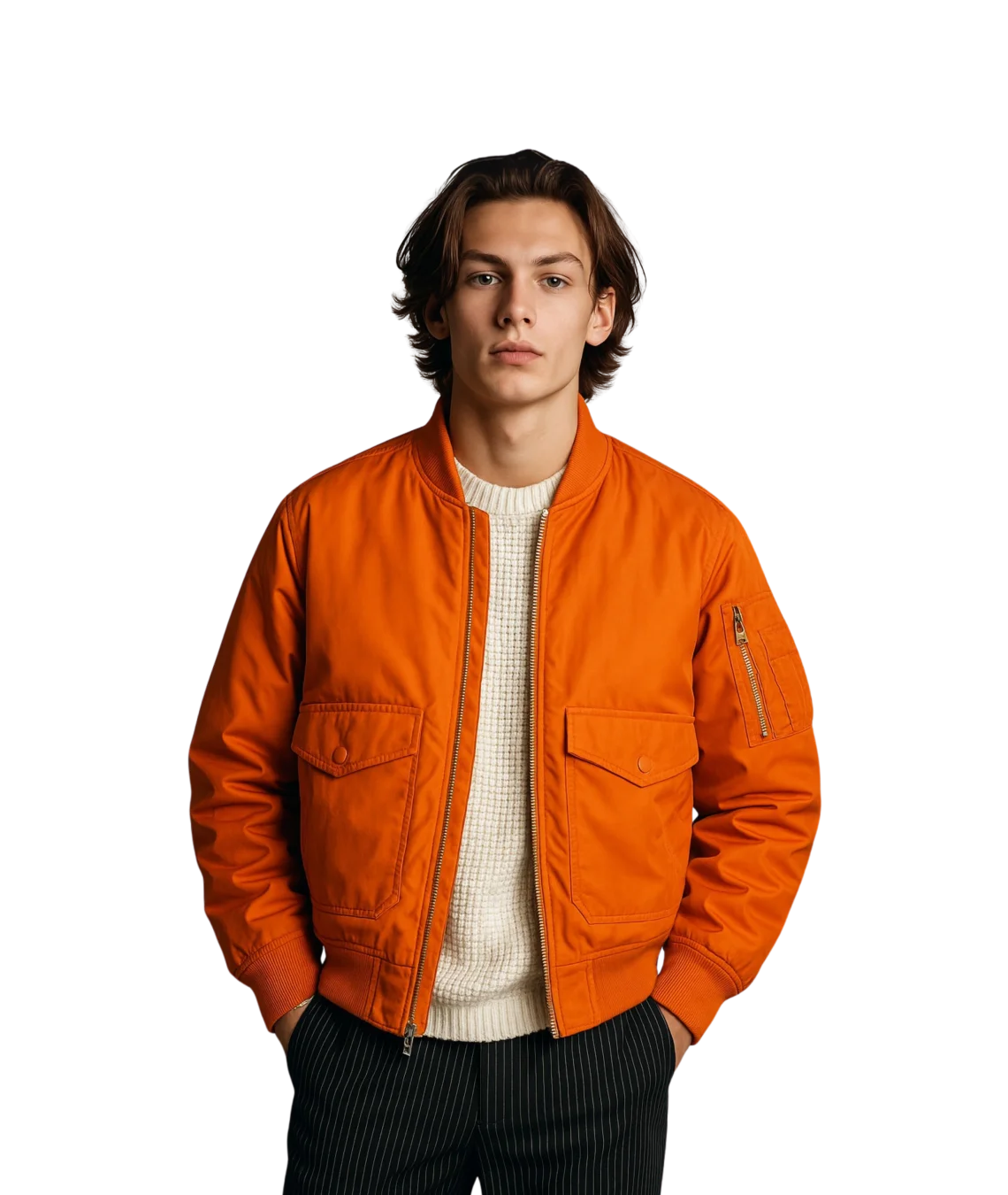 Man wearing an orange jacket on a white background