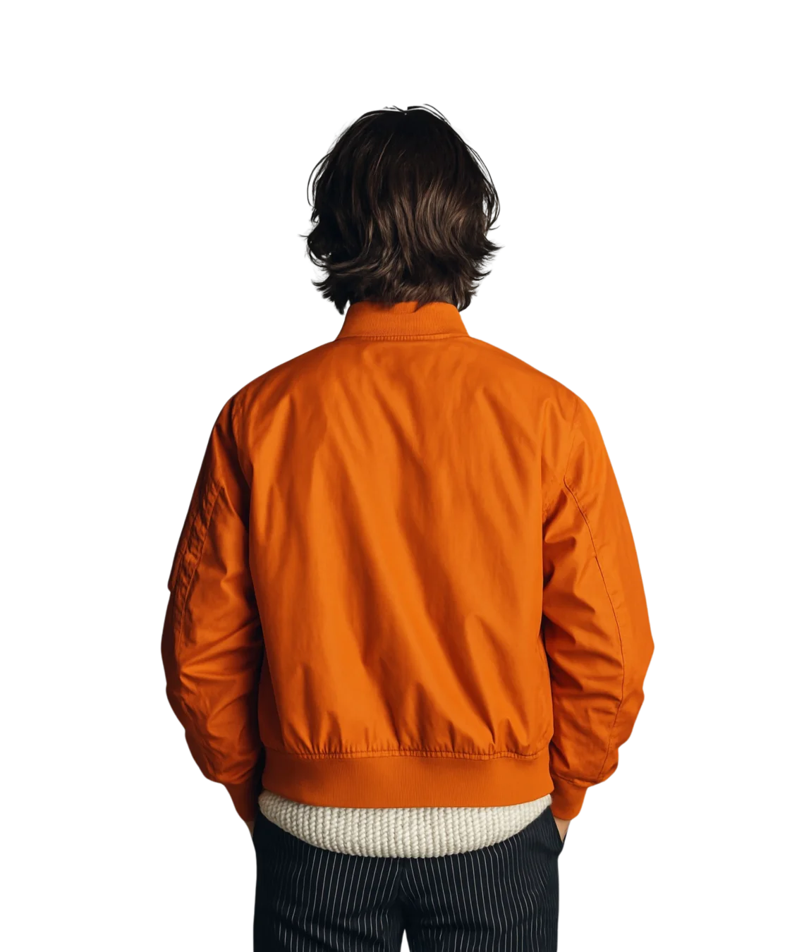 Person wearing an orange jacket on a white background