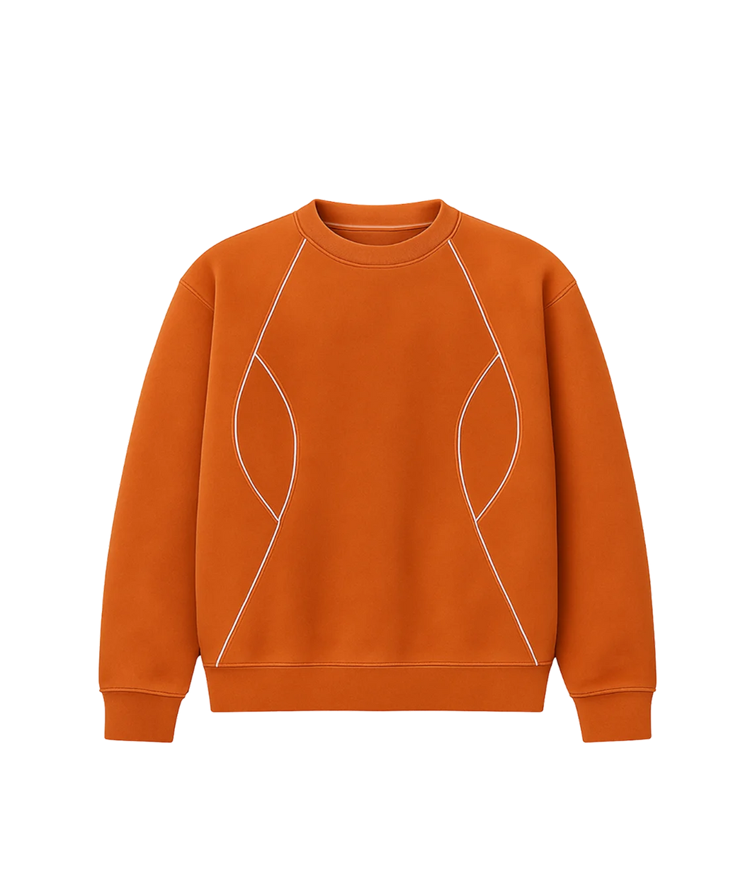 Orange sweatshirt with white stitching on a white background