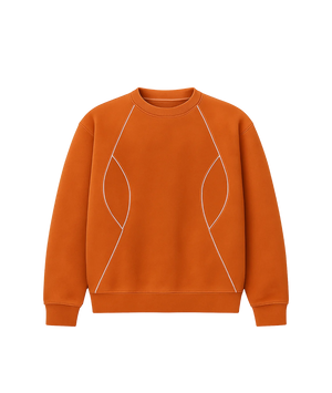 Orange sweatshirt with white stitching on a white background