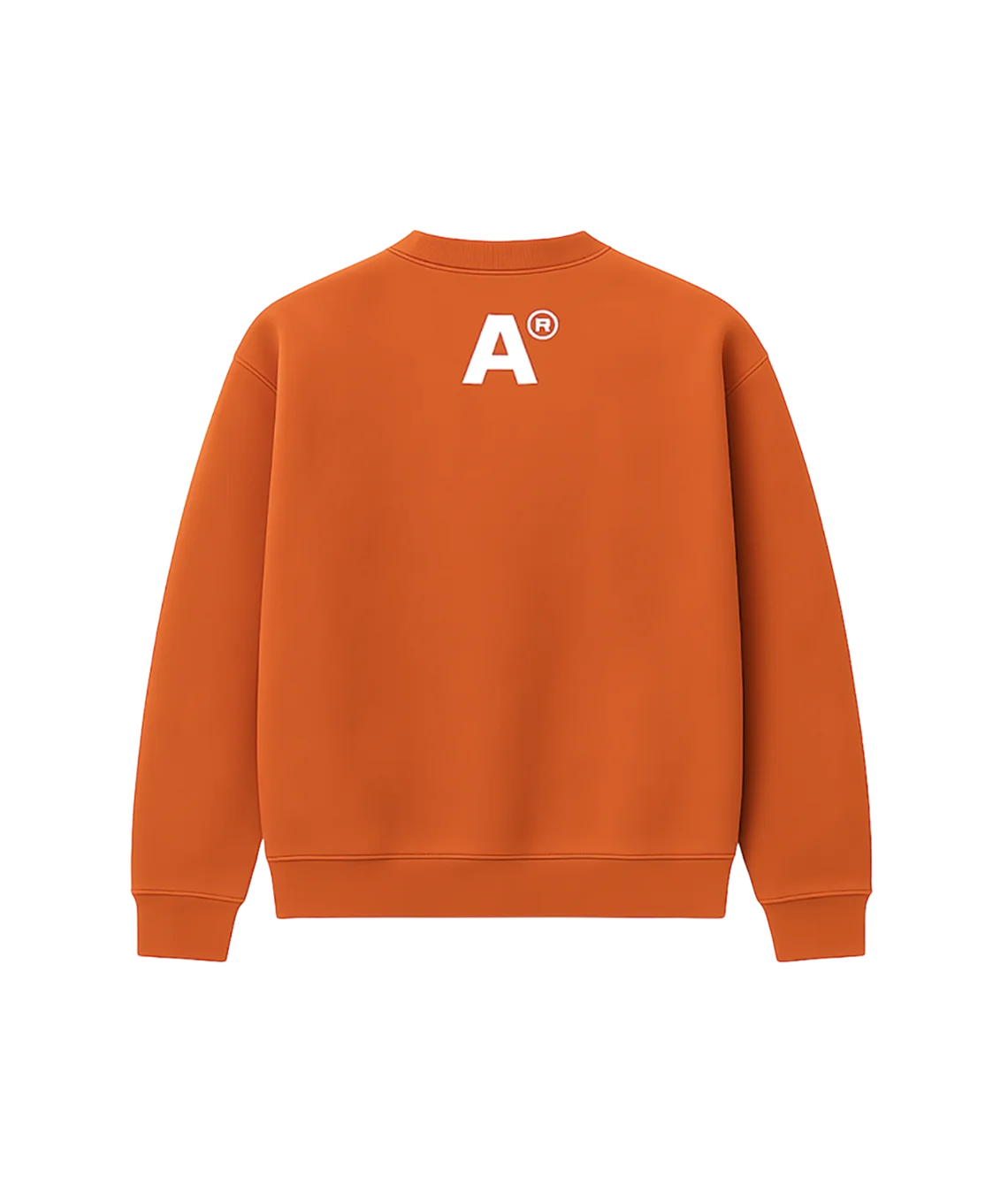 Orange sweatshirt with a white logo on the back against a white background
