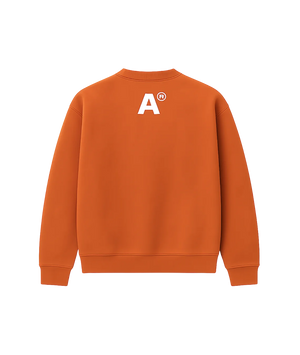 Orange sweatshirt with a white logo on the back against a white background