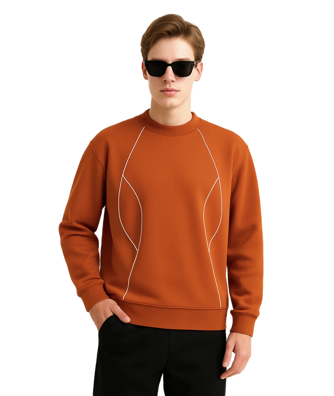 Man wearing a brown sweatshirt with white accents on a white background