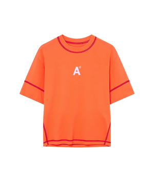 Orange shirt with a logo on a white background