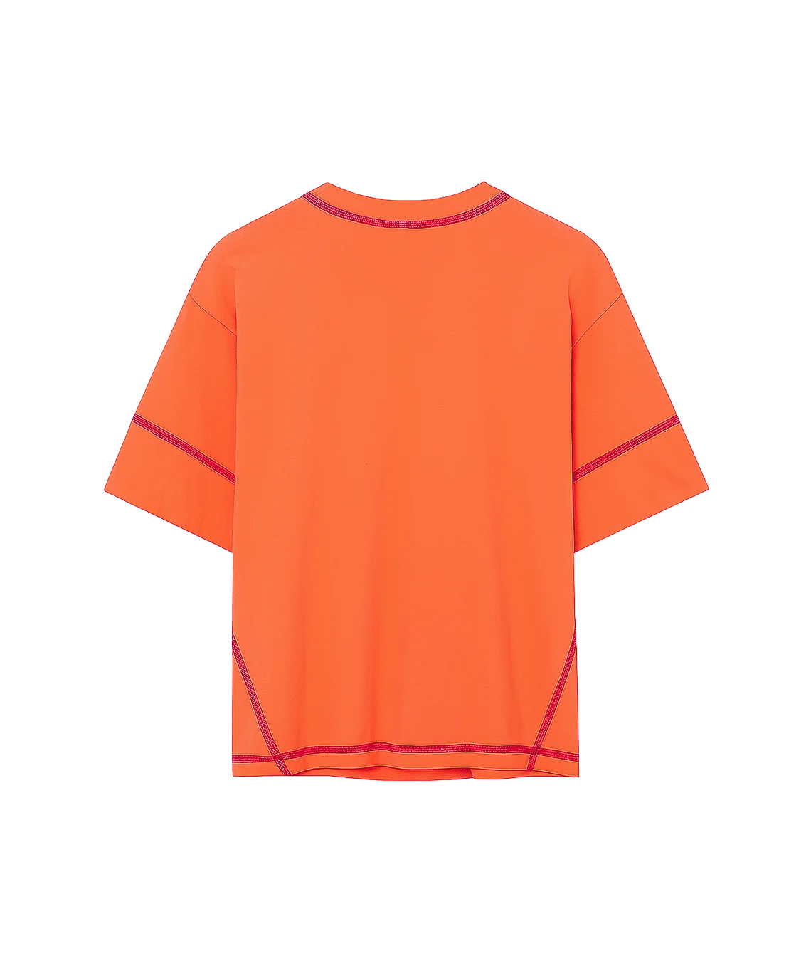 Orange t-shirt with purple accents on a white background