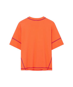 Orange t-shirt with purple accents on a white background