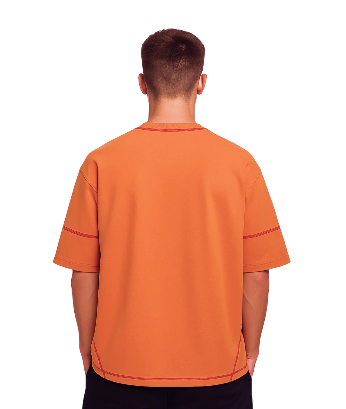 Orange polo shirt worn by a person on a white background