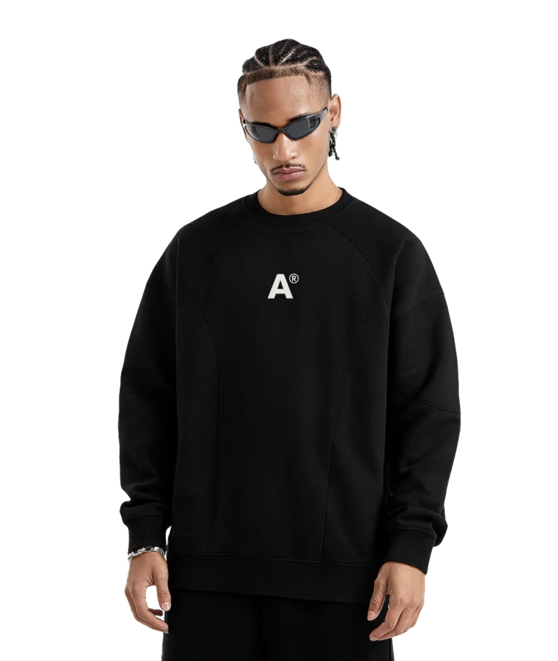 Person wearing a black sweatshirt with a white logo on a transparent background
