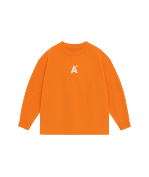 Orange long-sleeve shirt with a logo on a white background