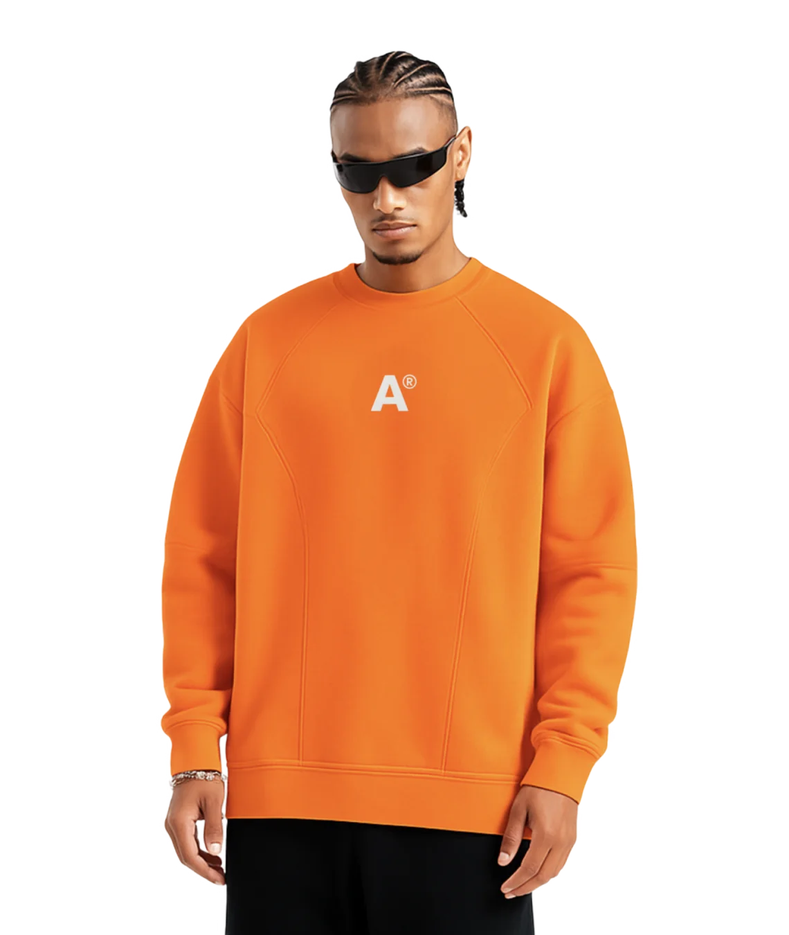 Person wearing an orange sweatshirt with a logo on a white background
