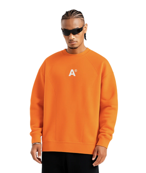 Person wearing an orange sweatshirt with a logo on a white background