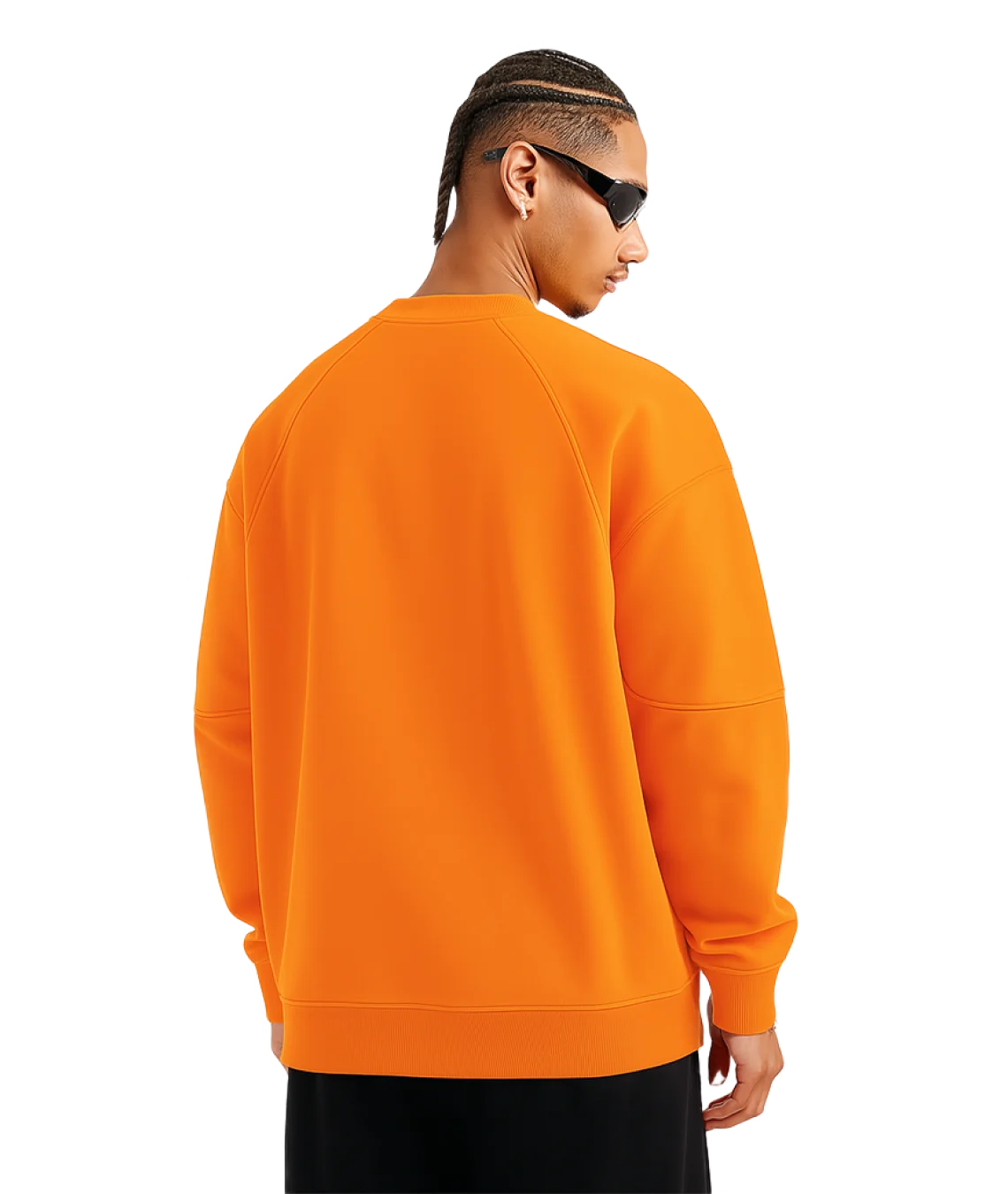 Person wearing an orange sweatshirt on a transparent background