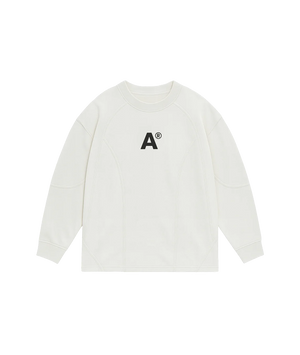 White long-sleeve shirt with a black logo on a white background