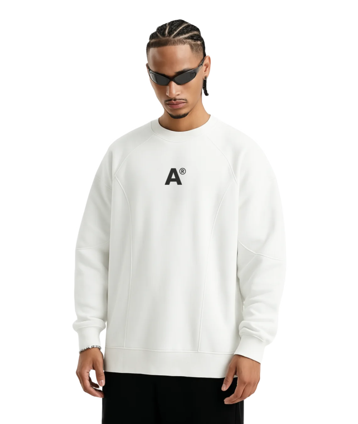 Person wearing a white sweatshirt with a logo on a white background