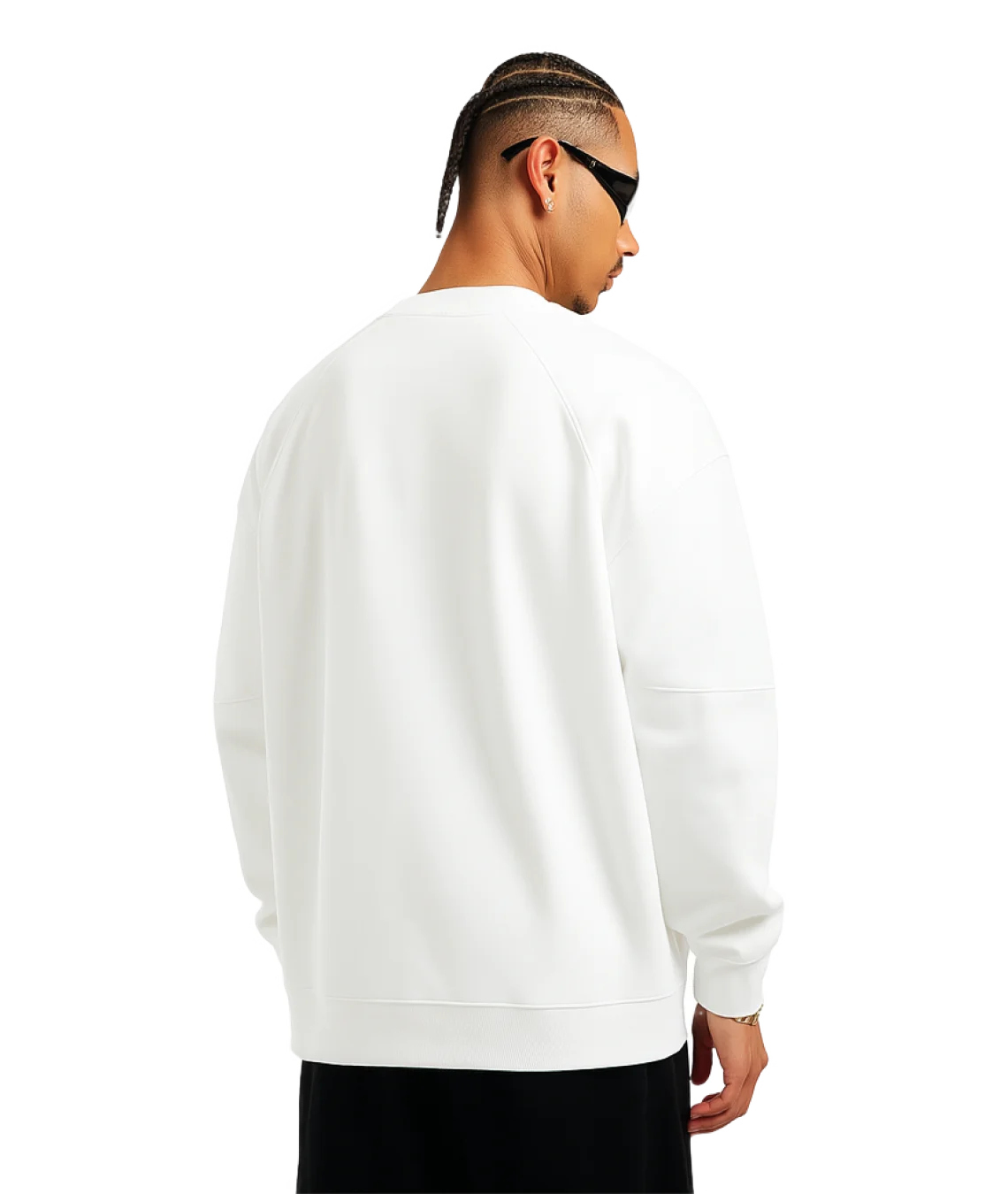 Person wearing a white sweatshirt on a transparent background