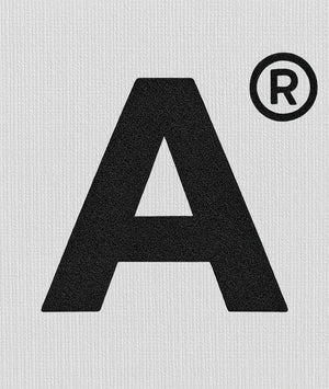 Black letter 'A' with a registered trademark symbol on a light gray background