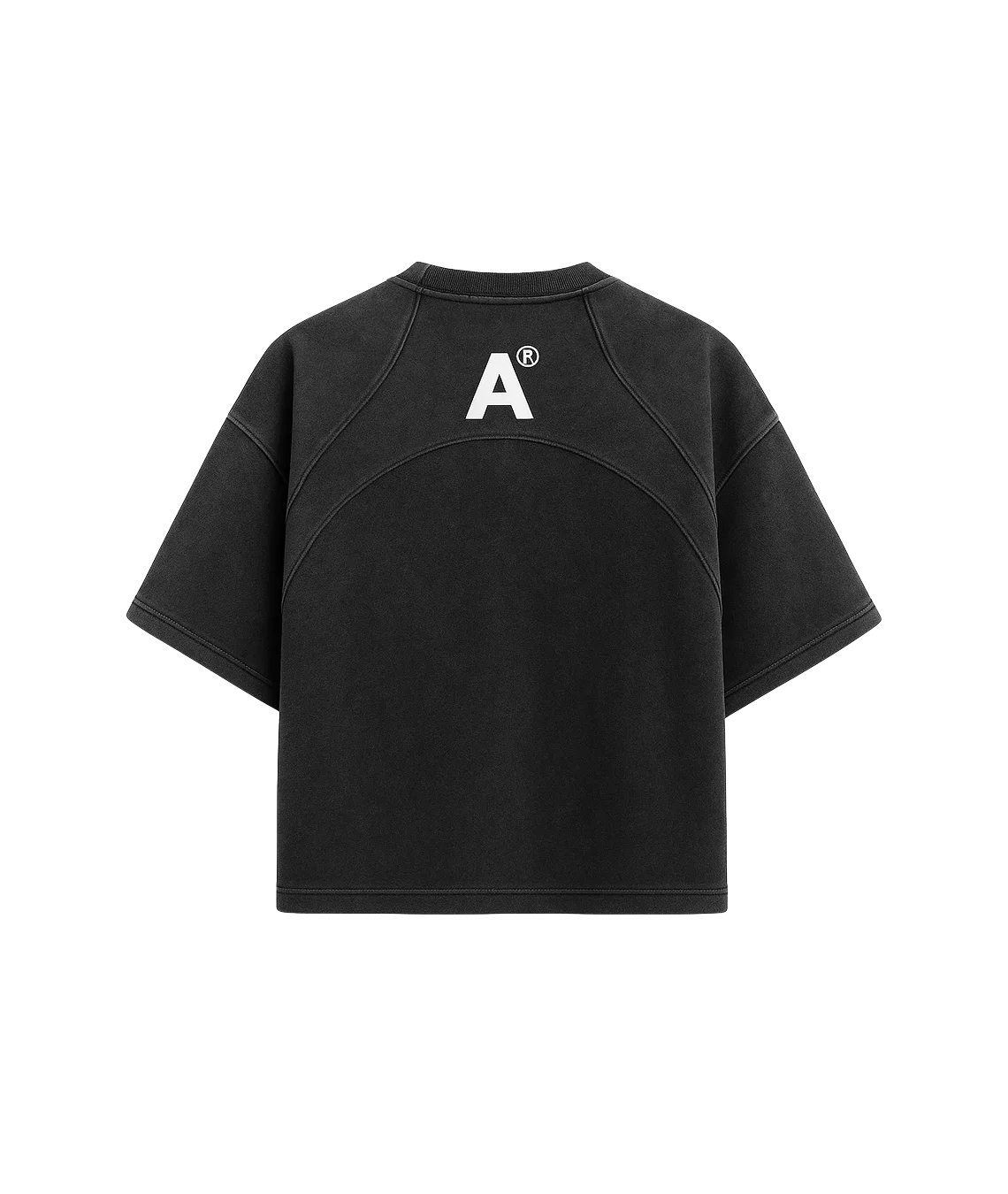 Black t-shirt with a white logo on the back against a white background