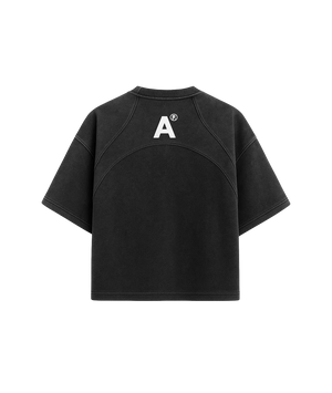 Black t-shirt with a white logo on the back against a white background