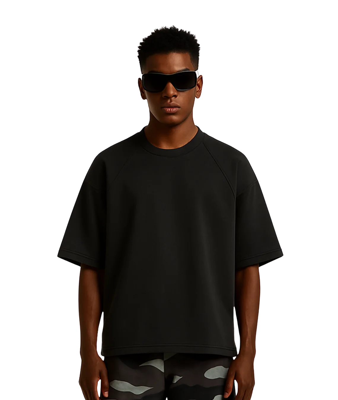 Person wearing a black t-shirt and sunglasses on a white background