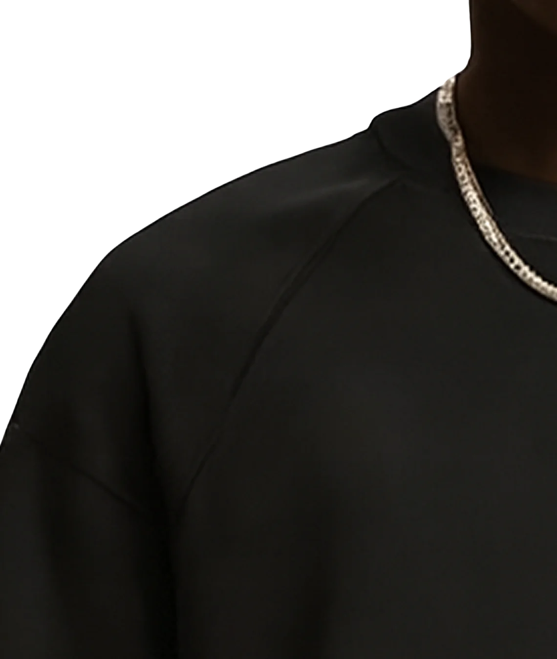 Black garment with a patterned neckline on a white background