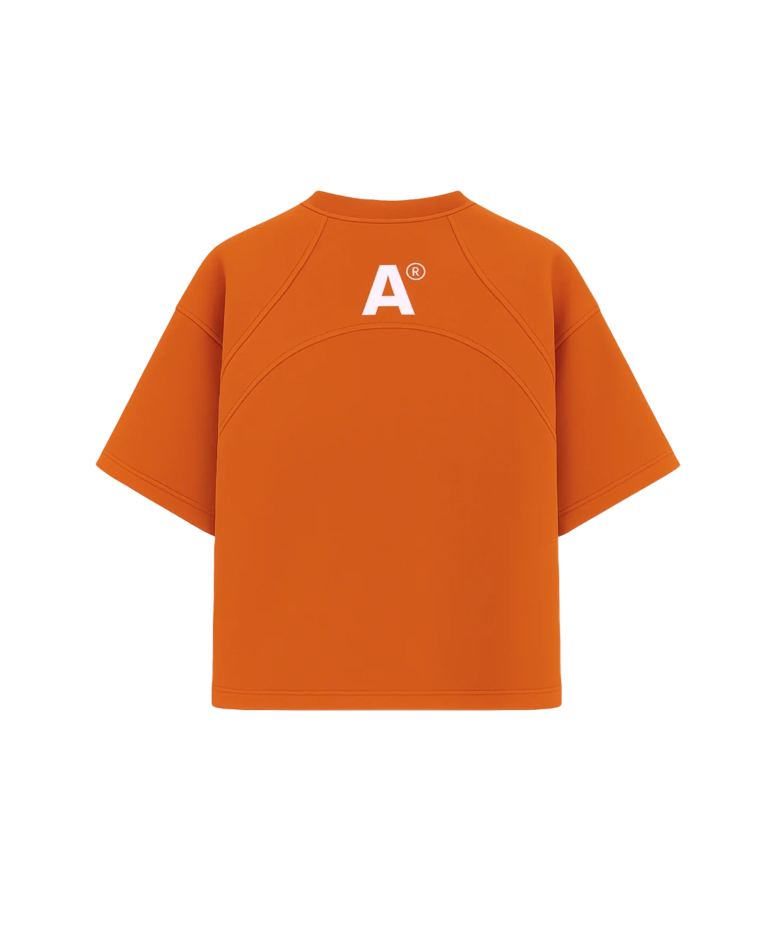 Orange t-shirt with a logo on the back against a white background