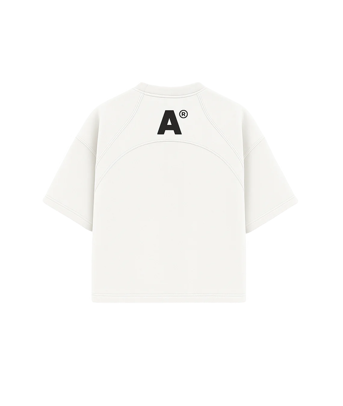 White t-shirt with a black logo on the chest against a white background