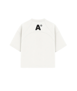 White t-shirt with a black logo on the chest against a white background