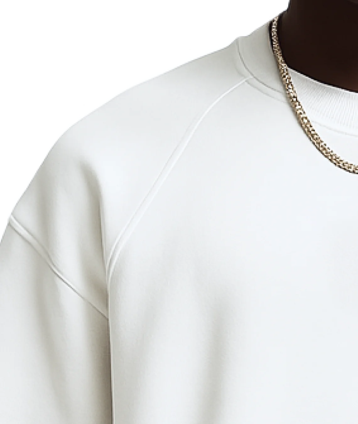 White sweatshirt worn by a person with a gold chain necklace on a white background